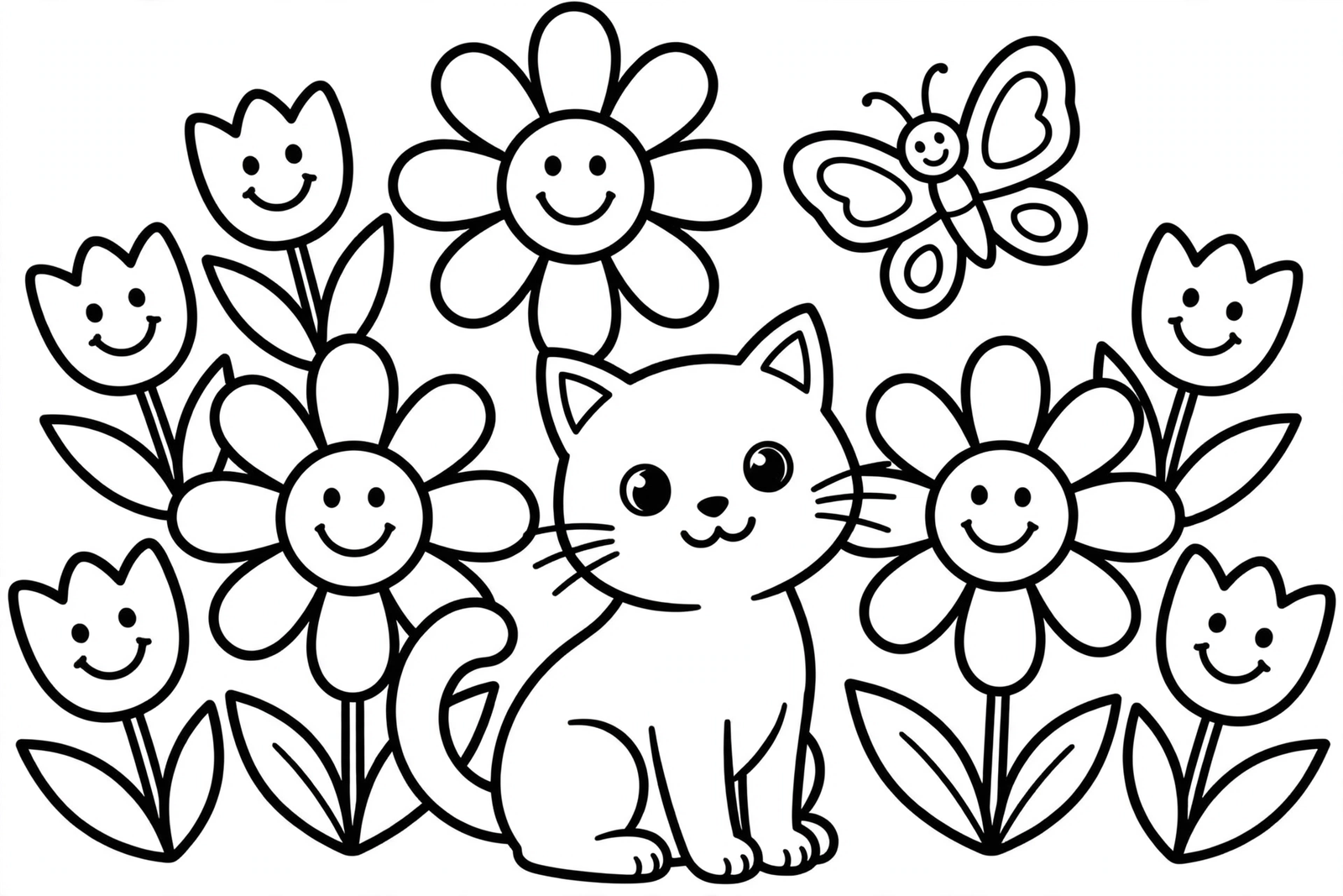 Cat Among Flowers coloring page